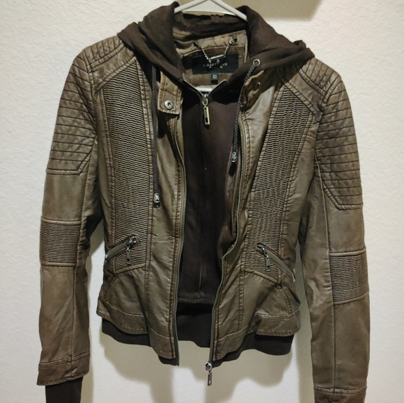 NWOT, LA Coalition, brown, vegan leather moto jacket w/ removable hood & lining - Picture 3 of 6